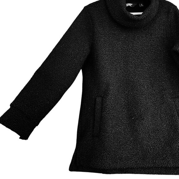 LANDS’ END Black Sherpa Cowl Turtle Neck Pullover Hands Pockets Sweater Medium - Picture 2 of 8